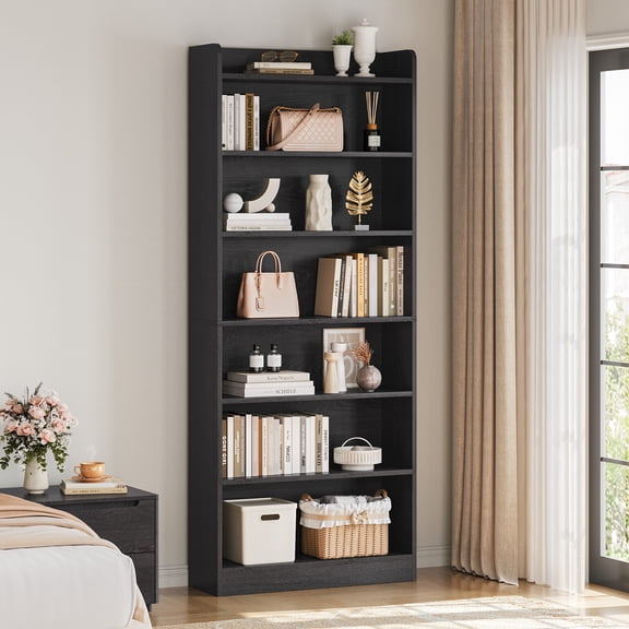 Yaheetech 7-Tier Wooden Bookshelf with Adjustable Open Shelves, Black