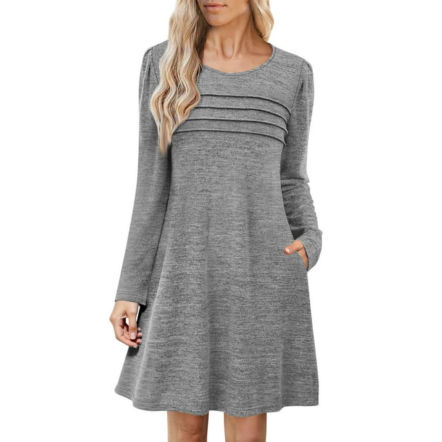 Lenpel Robes d'Automne pour Femmes Manches Longues Col Rond Plissé devant Longueur Genou Robes Décontractées Douces avec Poches (Gris, Grand)