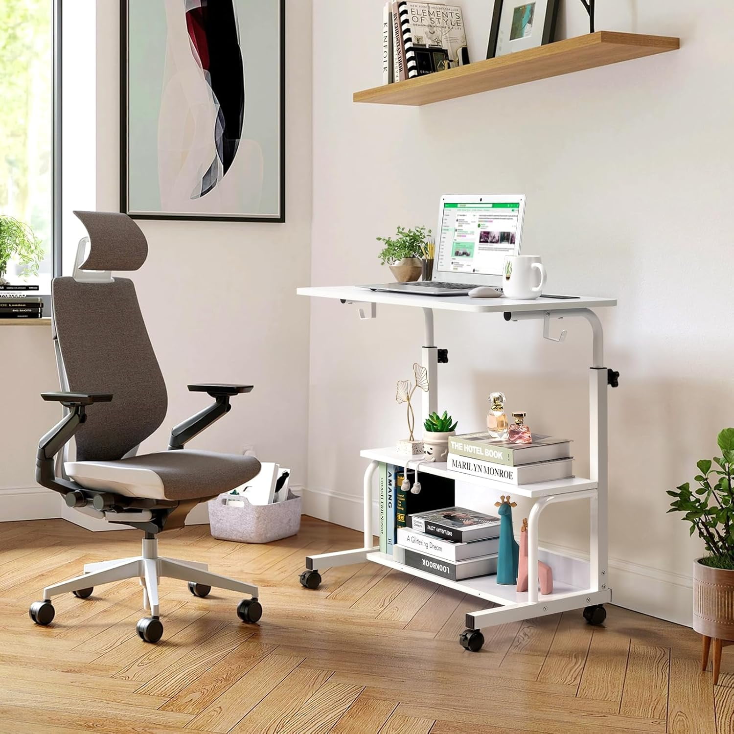FCH 31.5" Mobile Small Standing Desk, Adjustable Height Mobile Computer Desk, w/2 AC Outlets + 3 USB Ports & Hooks, Storage Shelves, Suitable for Gaming, Studying, Home Office, White