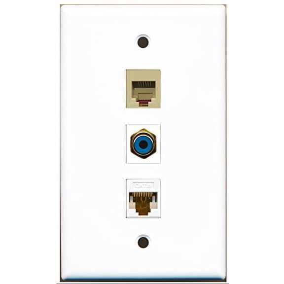 RiteAV - 1 Port RCA Blue and 1 Port Phone RJ11 RJ12 Beige and 1 Port Cat6 Ethernet White Wall Plate