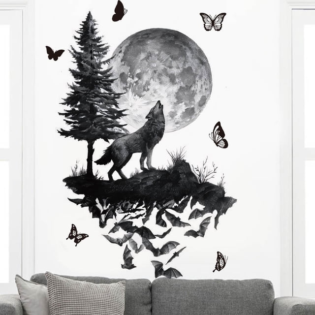 Adhesivos de pared con forma de lobo aullador, Halloween, noche y luna, 30 x 120 cm