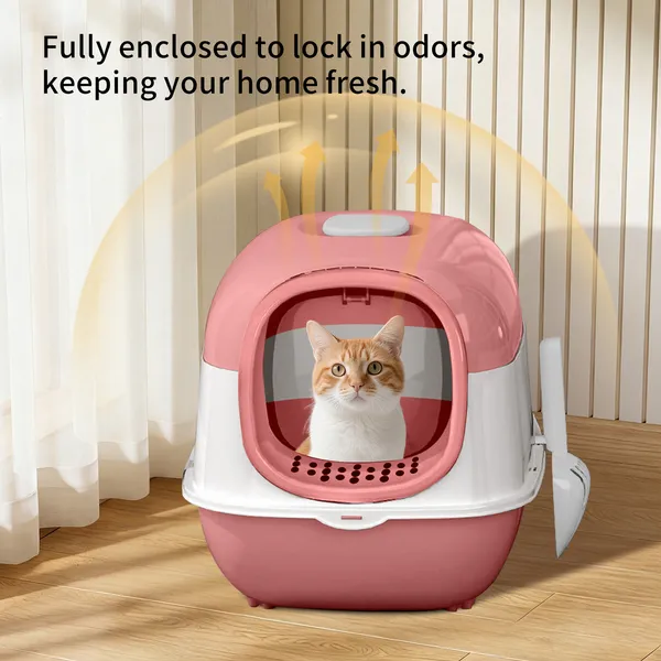 Pink E24 Fully Enclosed Cat Litter Box, Thickened Durable Odor-Lock Litter Box with Litter Filter Pedal & Non-Slip Feet