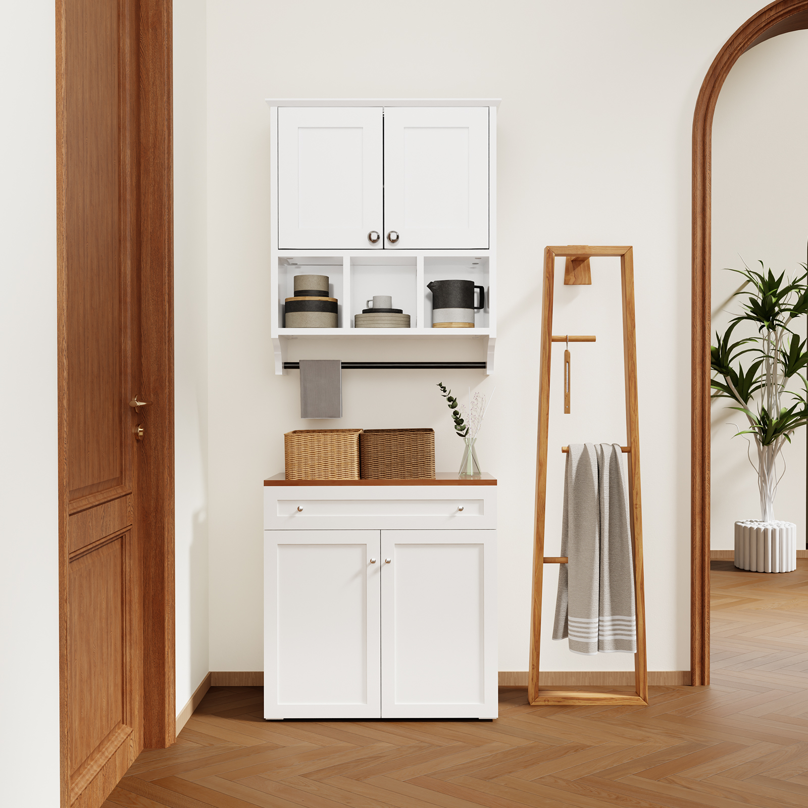 KZElegy Bathroom Wall Cabinet, Bathroom Medicine Cabinet Wall Mounted 2-Door with 3 Open Shelves, Over The Toilet Storage Cabinet with Towels Shelf,White