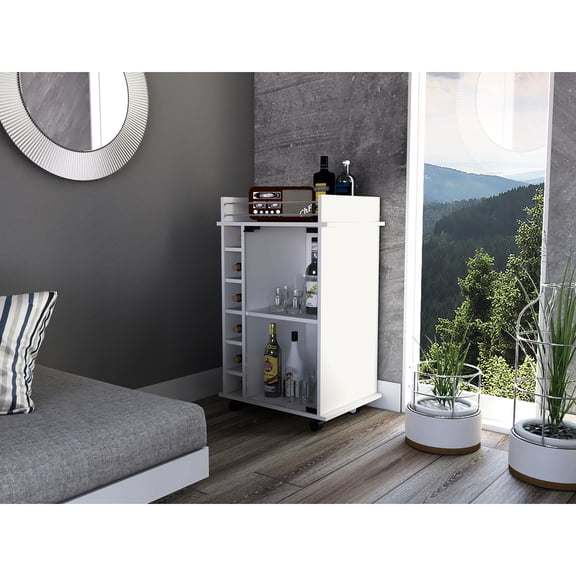 White Dining Area Bar Cart, Two Shelves, Six Wine Holder Areas, Four Lockable With Metal Rail For Modern , Style