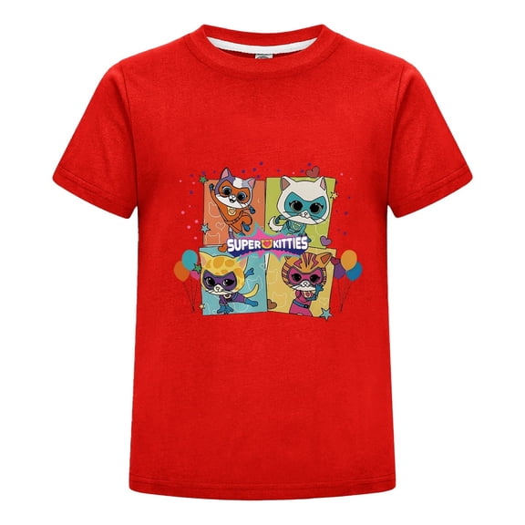 SuperKitties Themed Shirt for Kids – Cartoon Cat Design Tee – Girls Boys Short Sleeve Summer Top – Casual Outfit – Fun Gift Idea
