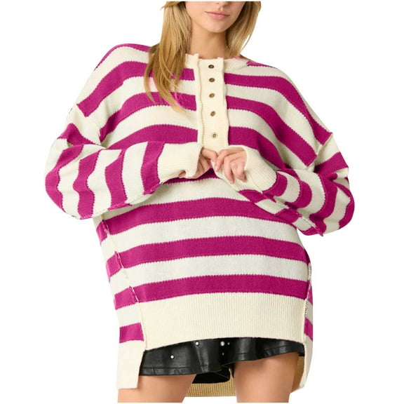 XuJwPNcy Oversized Sweaters for Women Long Sleeve Striped Pullover Sweater Fall Round Neck Knit Tops