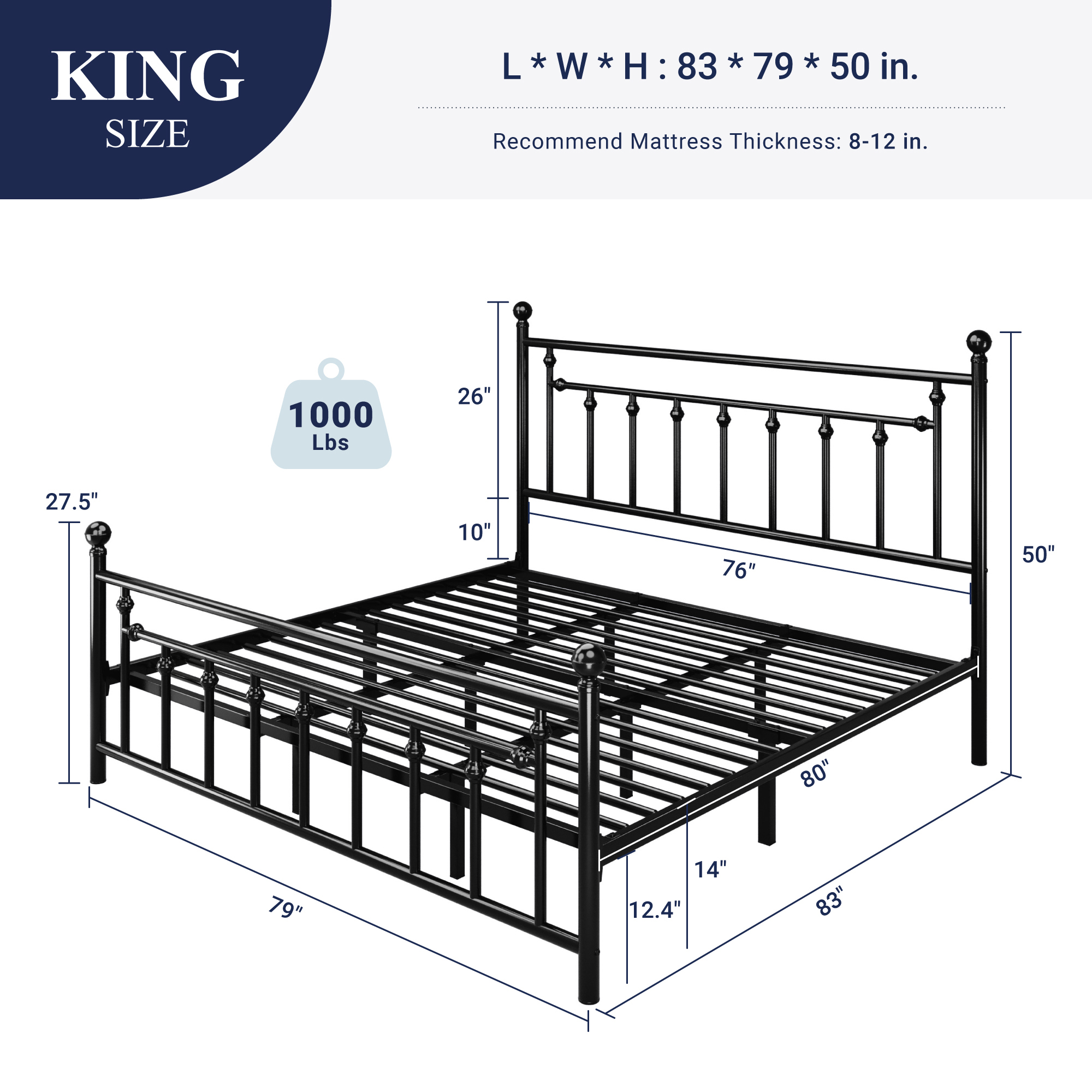 Sifurni King Size Metal Platform Bed Frame with Victorian Vintage Headboard, Black