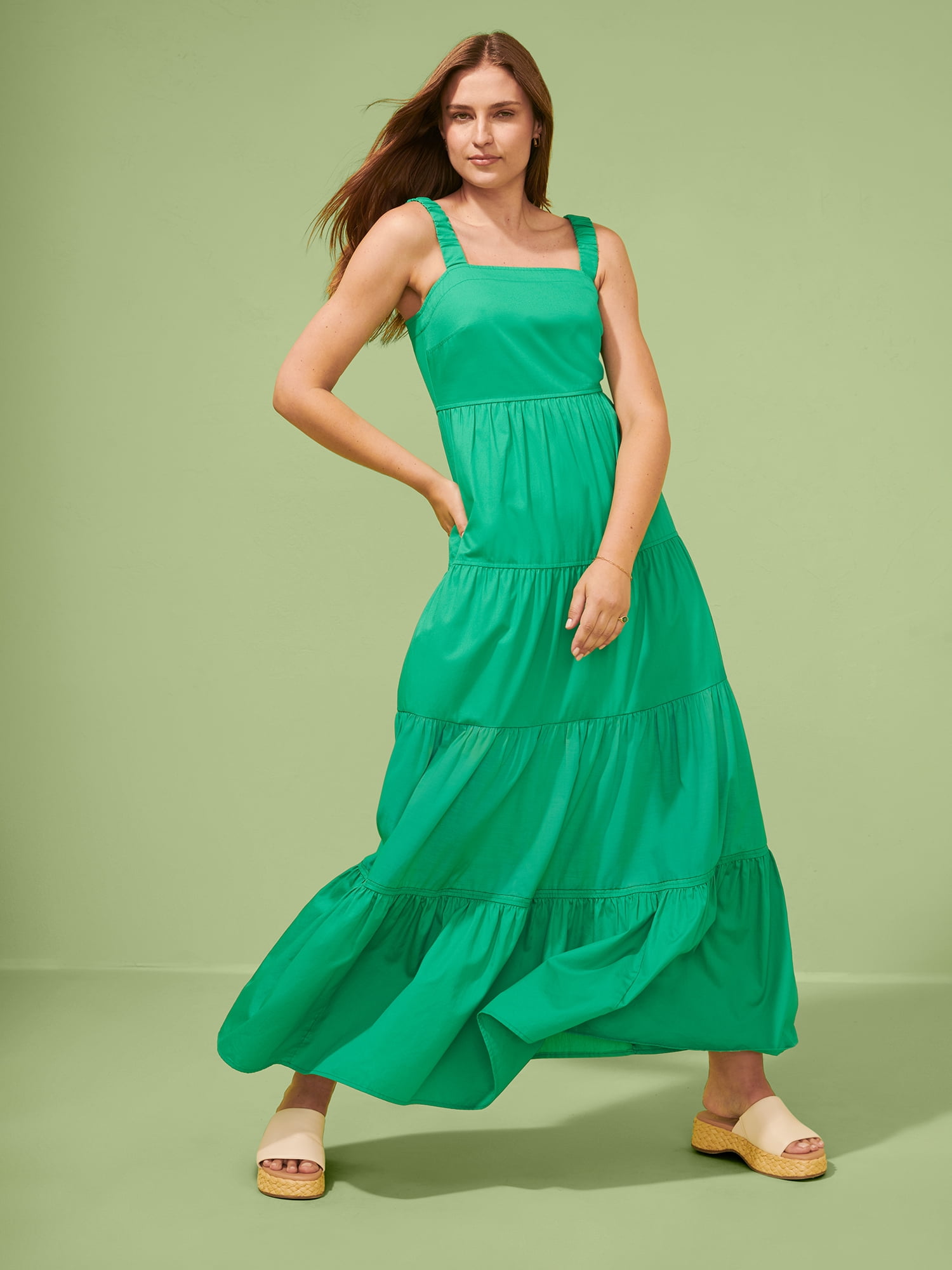 ワンピース FOLKS THE LABEL Square Neck Maxi Dress Kate Bottle Green Square Neck Maxi Dress with Plunge Back