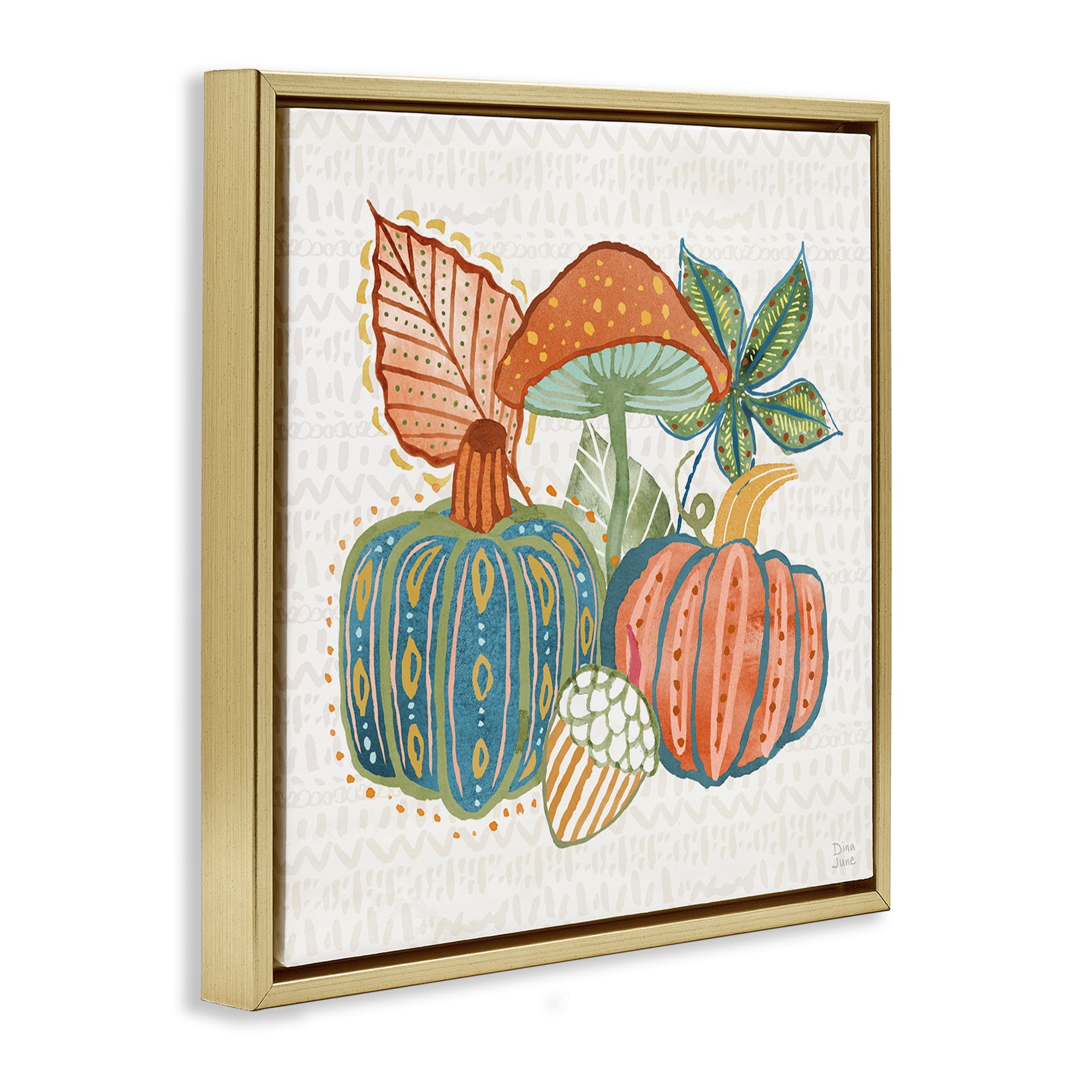 Stupell Industries Whimsical Harvest Gourds Holiday Painting Gold Floater Framed Canvas Art Prints Wall Art, 25 x 25