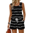 thumbnail image 3 of JULMCOMO 2 Piece Sets for Women Striped Print Square Neck Lightweight Summer Short Sets Drawstring Waisted Lounge Outfits with Pockets Black L, 3 of 9