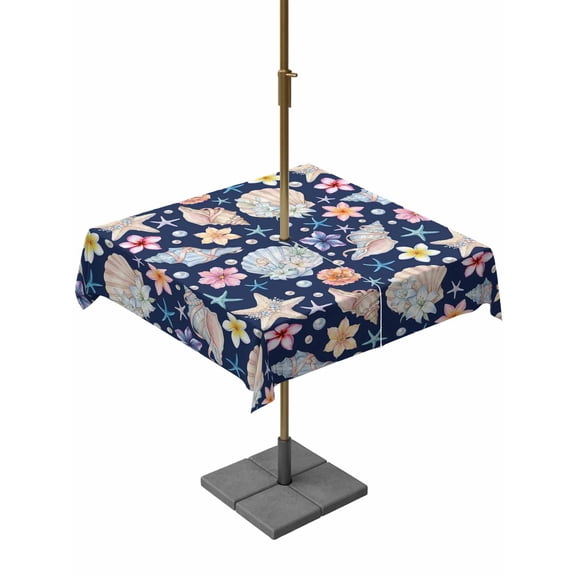 Outdoor Tablecloth with Umbrella Hole for Patio/Picnic/Party/Camping, Coastal Waterproof Table Cloth Square Cover Washable, Summer Nautical Ocean Floral Shell Starfish Blue (60"x 60")