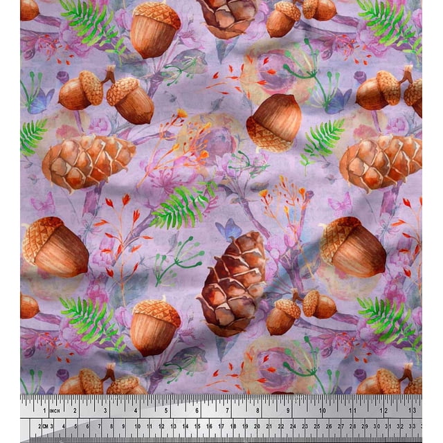 Soimoi Purple polyester Crepe Fabric Apricot, polyester & Oaknut Fruits Decor Fabric Printed BTY 42 Inch Wide