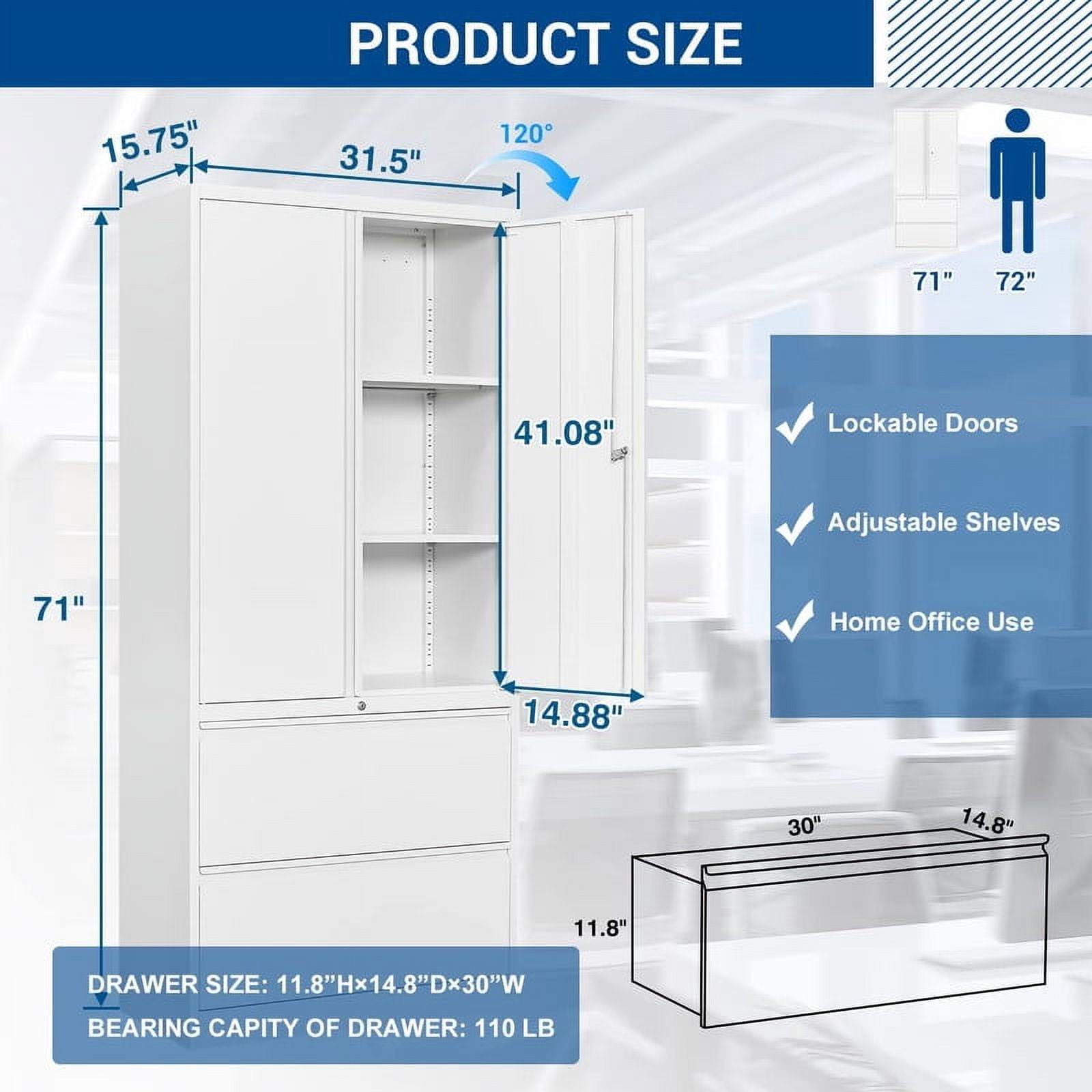 MIIIKO File Cabinets for Home Office, Lateral File Cabinets with Lock,Steel Storage Cabinet with 2 Drawers and Doors for Hanging Files Letter/Legal/A4 Size Files