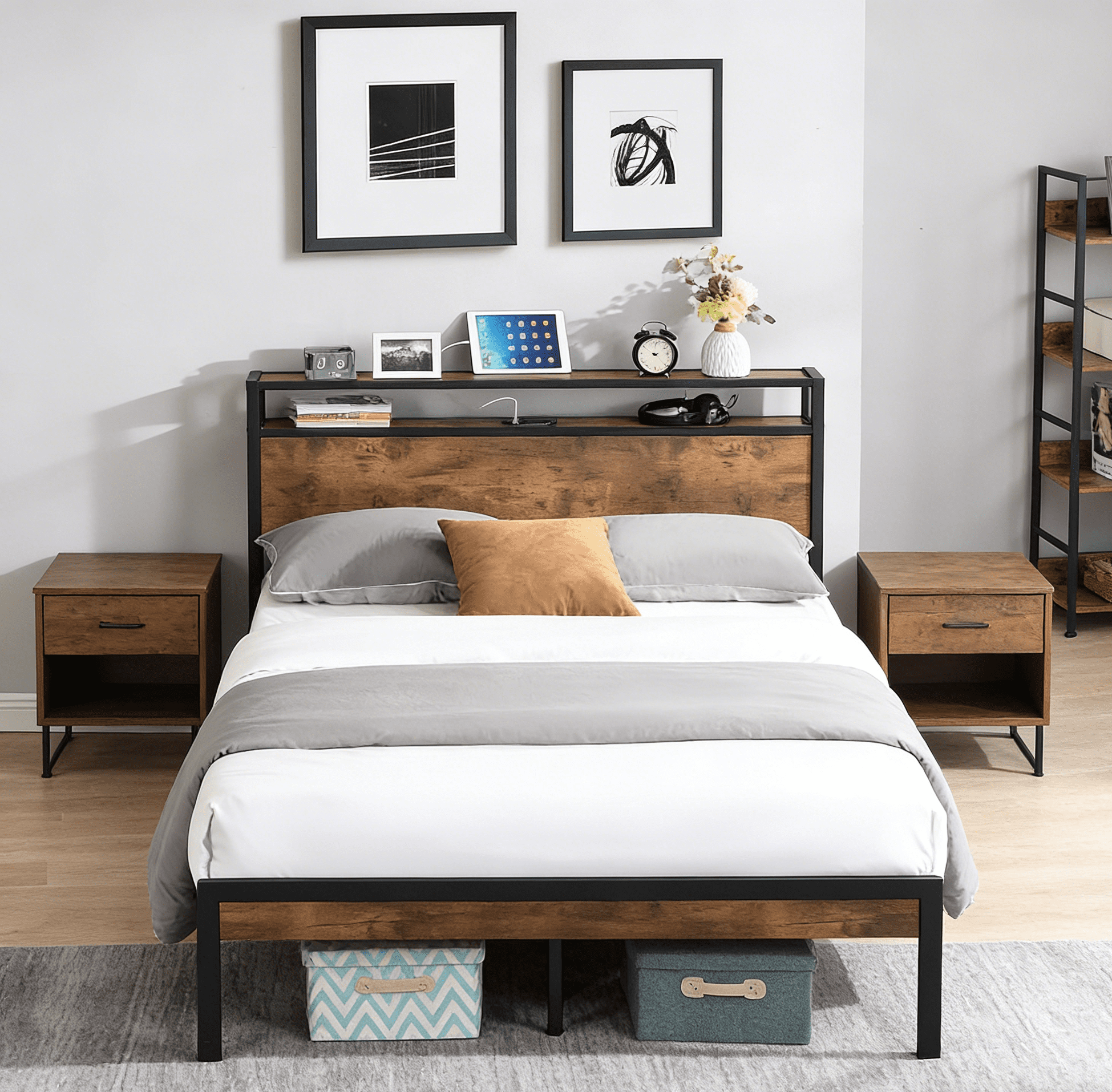 Gewnee Full-Size Metal Bed Frame with Wooden Headboard/Footboard and USB Liner, Sturdy Steel, No Box Spring Needed