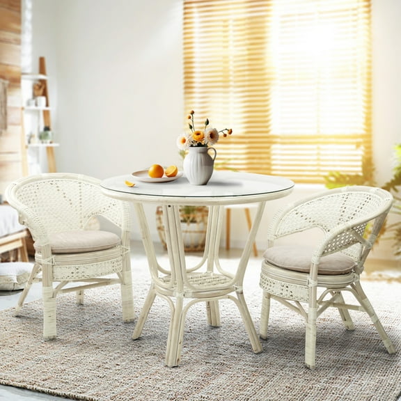 Pelangi Dining Set of 2 Natural Rattan Wicker Armchairs w/Cream Cushion and Dining Round Table w/Glass, White Wash