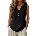 thumbnail image 3 of Womens Cotton Linen Button down Shirts Slim Fit Casual Summer Sleeveless Blouses Business Casual V Neck Plain Tank Tops by Awwp Black L, 3 of 6
