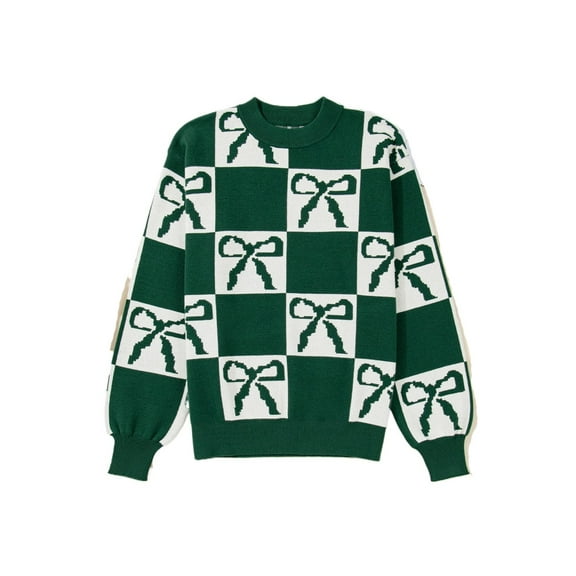 Women's Blackish Green Checkered Bow Sweater – Casual Long Sleeve Round Neck for Daily Wear | L