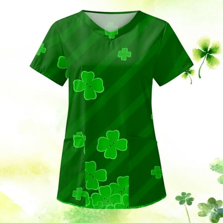 

Ozmmyan Womens Tops St Patricks Day Scrubs for Women s Fashion Short Sleeve V-Neck Tops Working Uniform Printing Pocket Blouse Tops