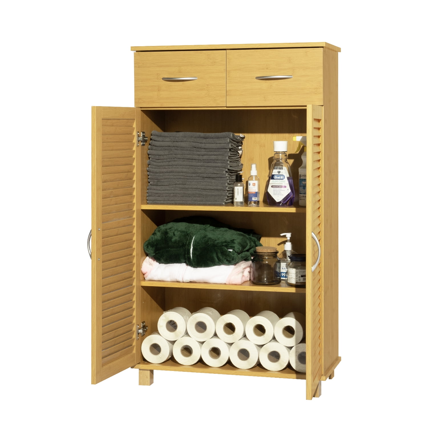 Kadyn Bathroom Tall Free Standing Storage Cabinet, Linen Floor Cabinet with Doors, Entrance Cabinet Organizer with 2 Drawers, Natural