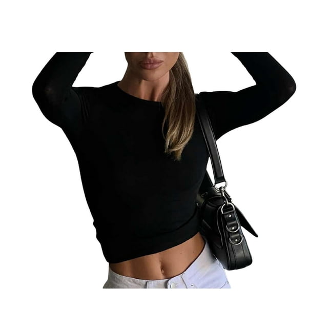 Women Slim Fit Backless T-Shirt Solid Color Long Sleeve -Neck Crop Tops Basic Tee Streetwear