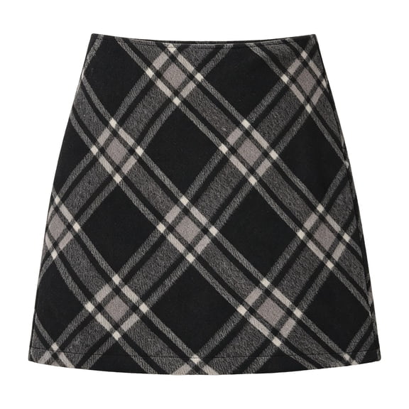 Women's High Waisted Plaid Skirt A‑Line Pencil Short Skirt Comfort Cozy Fall Winter Casual Layering Black,L