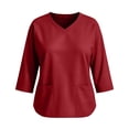 thumbnail image 6 of thefmos Women's V Neck 3/4 Sleeve Pullover Blouse with Pocket Plus Size Solid Color Casual Top Trendy Fall Spring Outfit, Red 5XL, 6 of 7