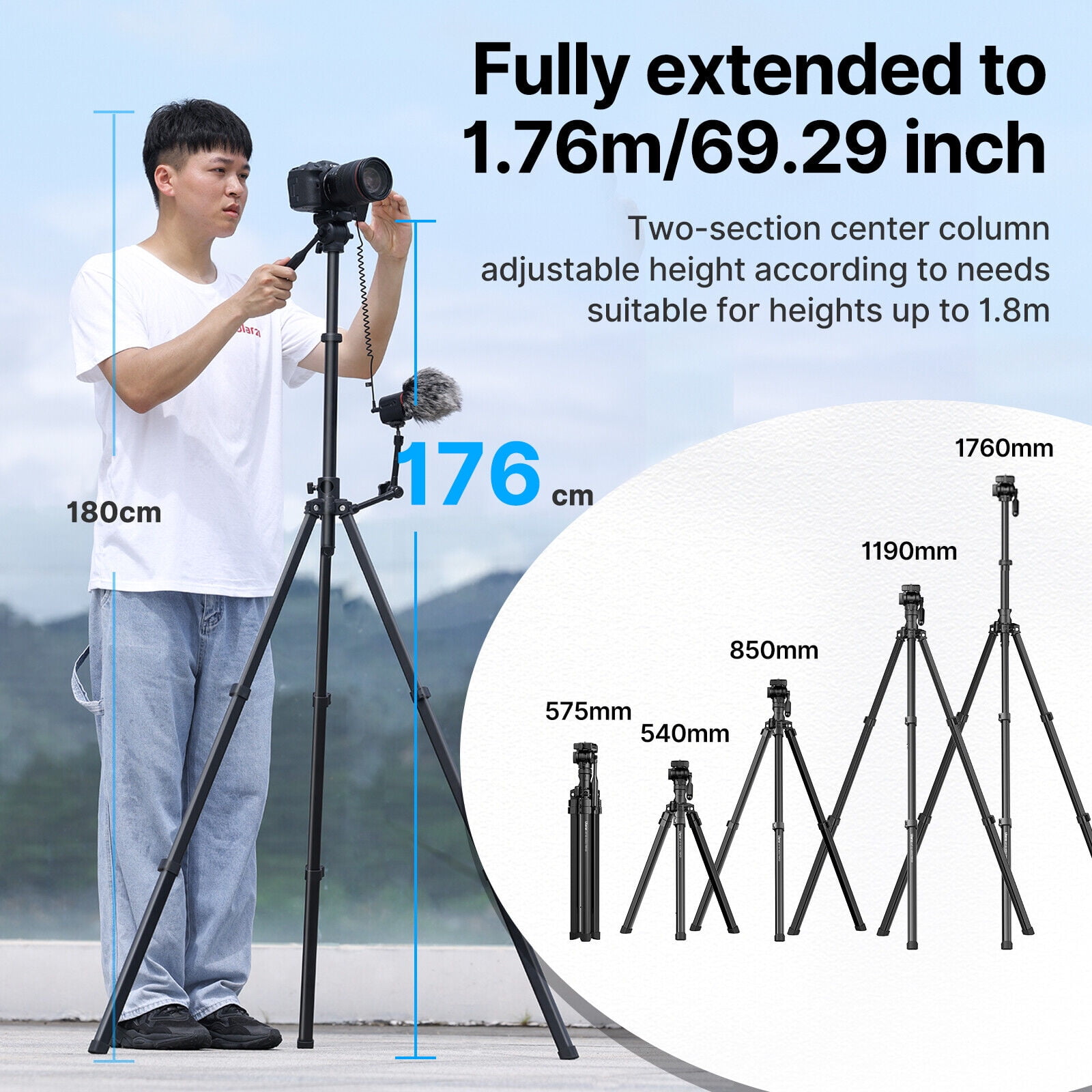 Ulanzi MT-65 Professional Horizontal Tripod Bluetooth Remote 69.3" Telescopic Aluminum Tripod with 360° Ball Head Phone Mount and Center Column Extension for DSLR Mirrorless Cameras and Smartphones