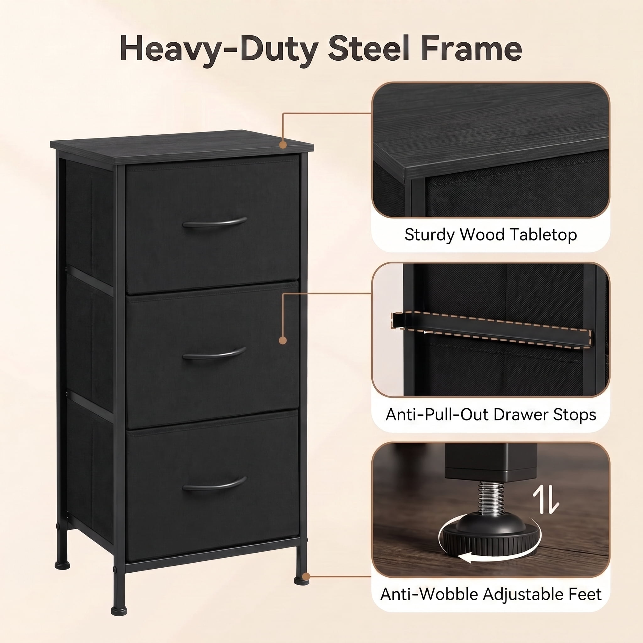 TrumanPick Fabric Storage Drawer Bedroom Dresser, Fabric Dresser for Closet, 3 Fabric Dresser with 3 Storage Drawers for Clothes, Living Room, Hallway, Entryway, Black