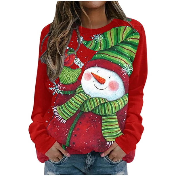 Camisas navideñas para mujer, sudadera ligera con cuello redondo de manga larga estampada, camisetas cómodas gráficas Pompotops gfhjh14617
