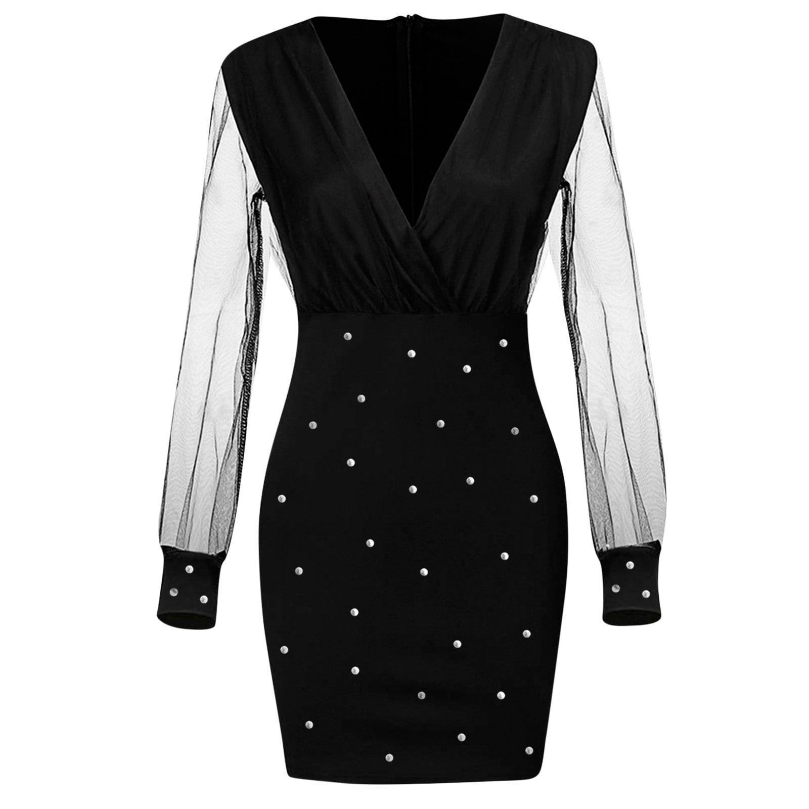JGGSPWM Women's Sheer Long Sleeve V Neck Mini Dress Pearl Beading Dresses Black 2XL