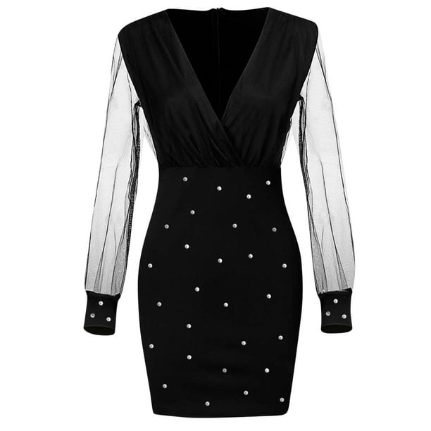 JGGSPWM Women's Sheer Long Sleeve V Neck Mini Dress Pearl Beading Dresses  Black L