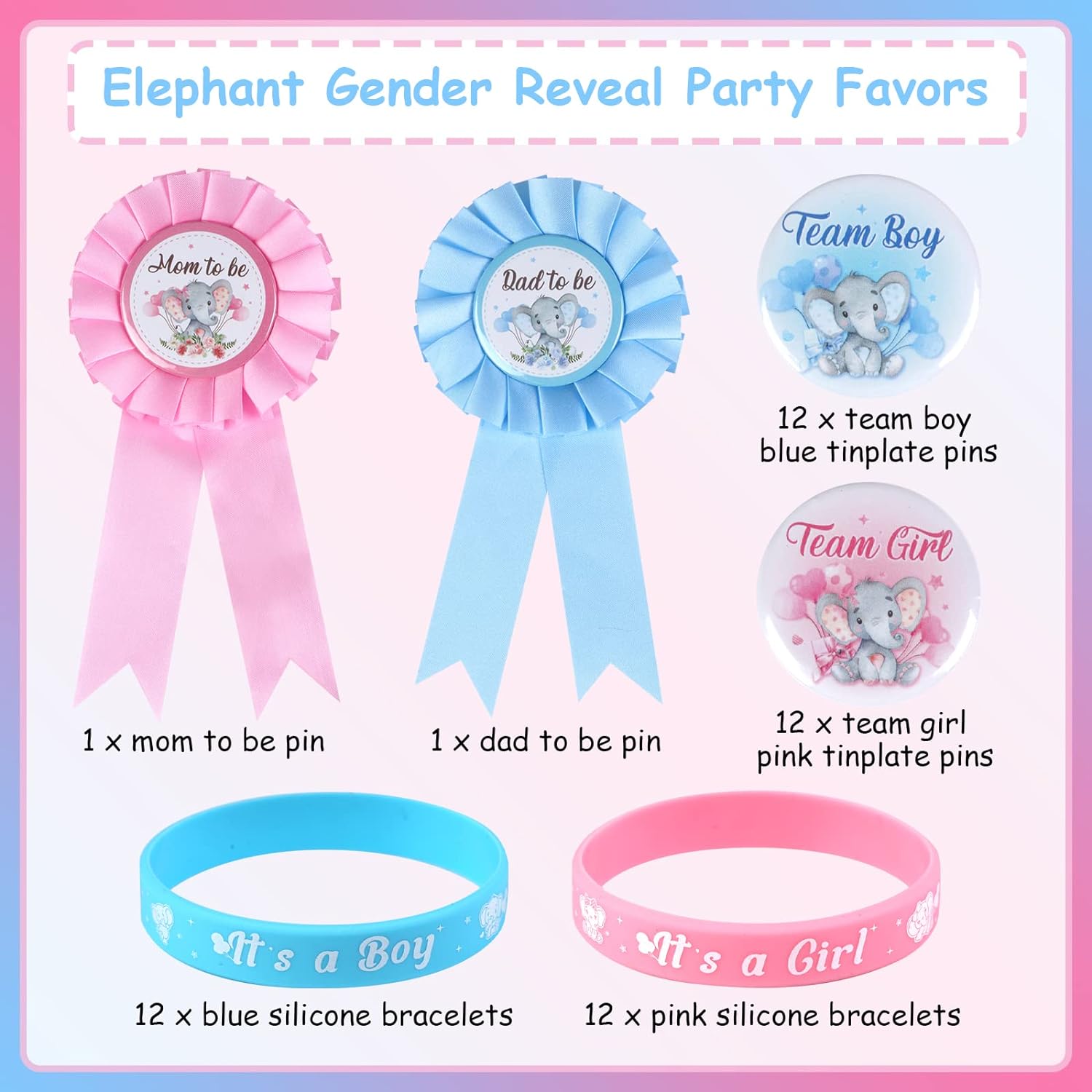 Elephant Gender Reveal Party Favors, Daddy to Be Mom to Be Tinplate Badge Pin, Gender Reveal Button Silicone Wristbands for Baby Shower Team Boy Team Girl Gender Reveal Party Favors Supplies