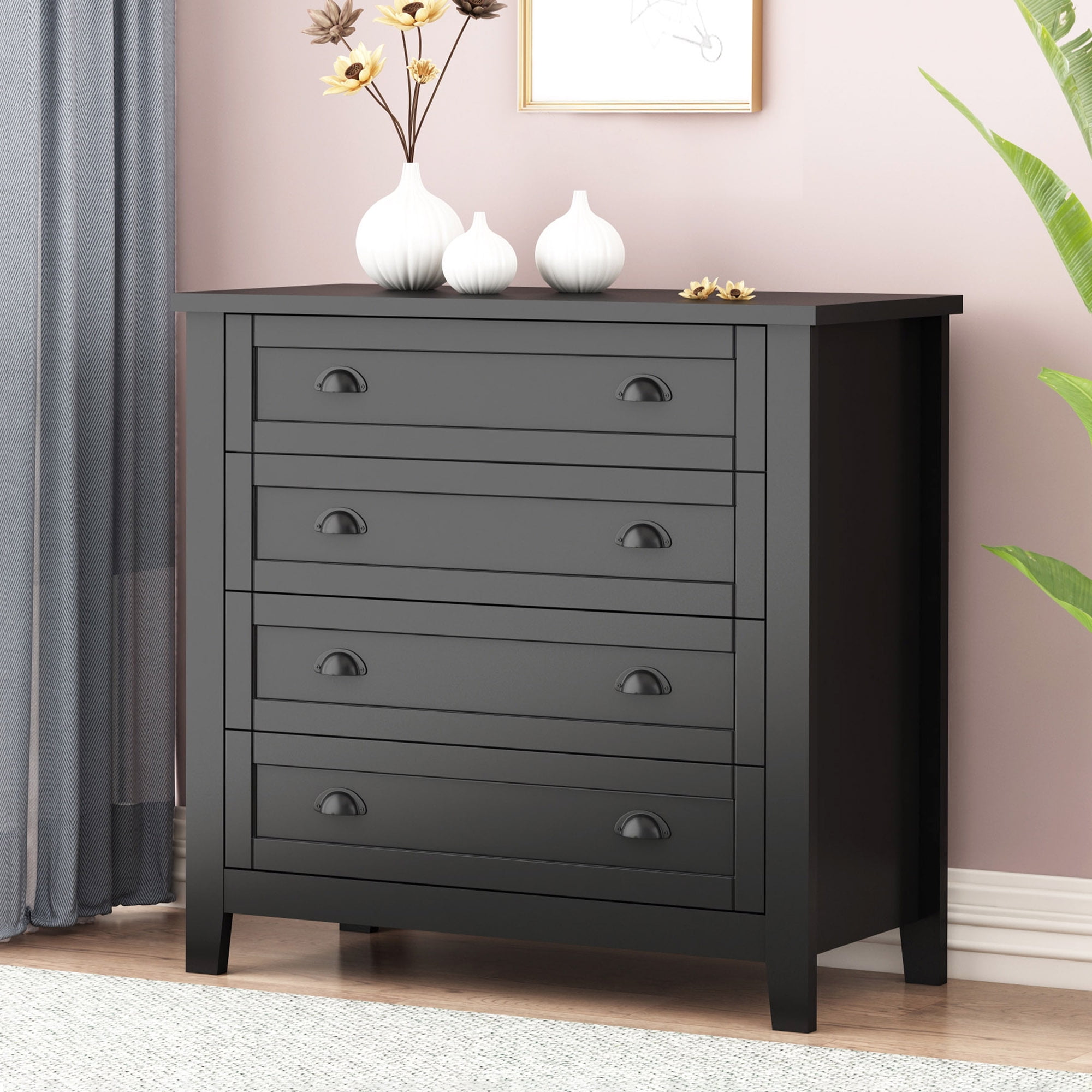 Resenkos 4-Drawer Retro Black Wood Dresser with Shell-Shaped Handle Resenkos 4-Drawer Retro Black Wood Dresser with Shell-Shaped Handle