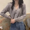 thumbnail image 3 of Women's Spring Autumn Cropped Cardigan Long Sleeve V-Neck Button Down Short Knitted Sweater Solid Color Shiny Jacket Casual Occasions Tops, 3 of 5