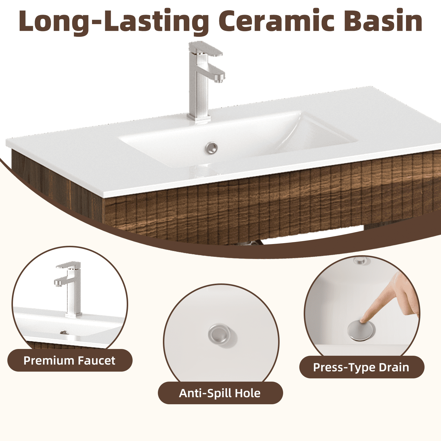 Richryce 36 Inch Bathroom Vanity with Ceramic Sink, Wooden Bathroom Sink Vanity with a Door & 2 Drawers, Freestanding Bathroom Sink Cabinet (Walnut)