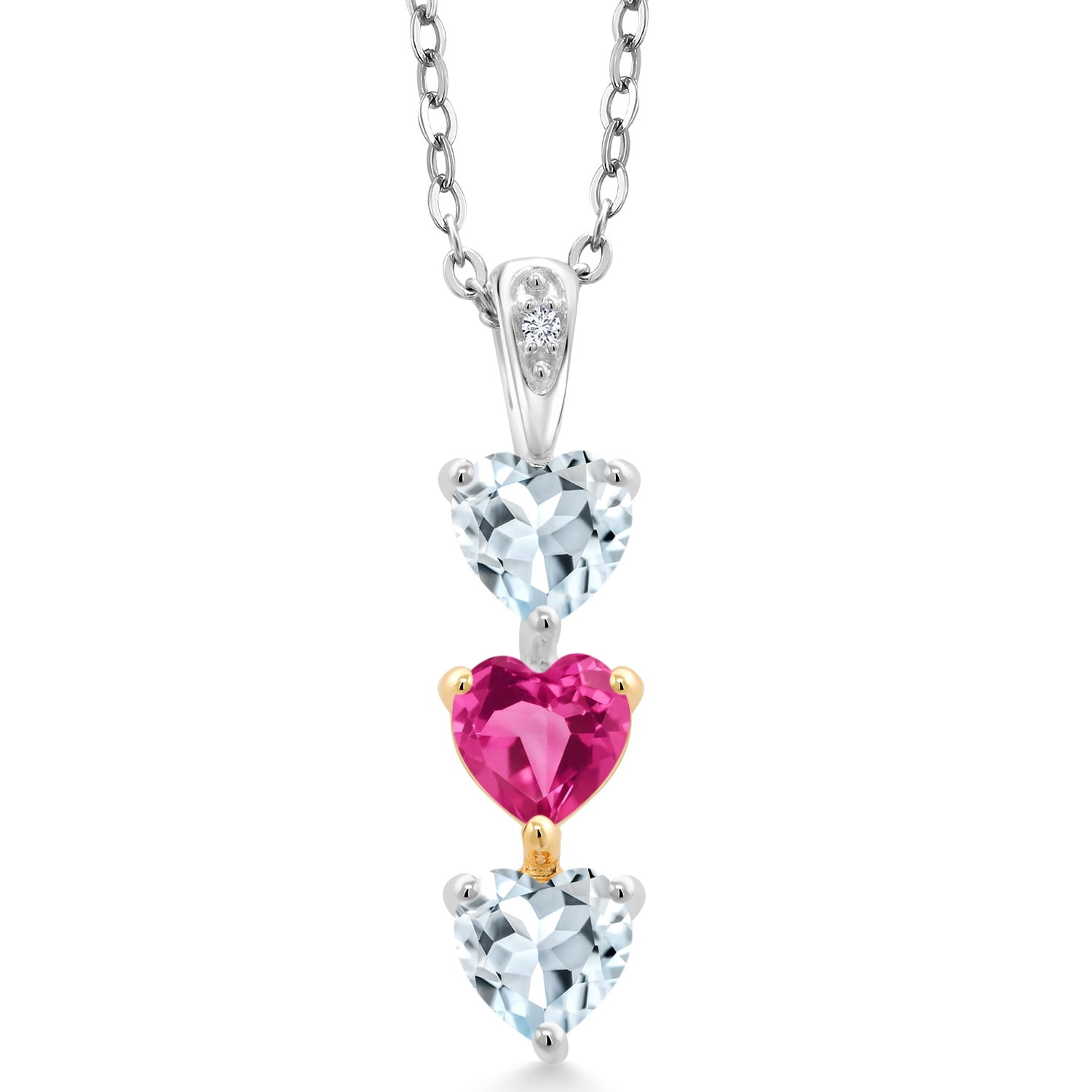 Gem Stone King Keren Hanan Lab Grown Diamond 3 Stone Heart Shape Pendant Necklace with Chain 1.44 Ct Sky Blue Aquamarine Pink Created Sapphire 925 Silver and 10K Yellow Gold