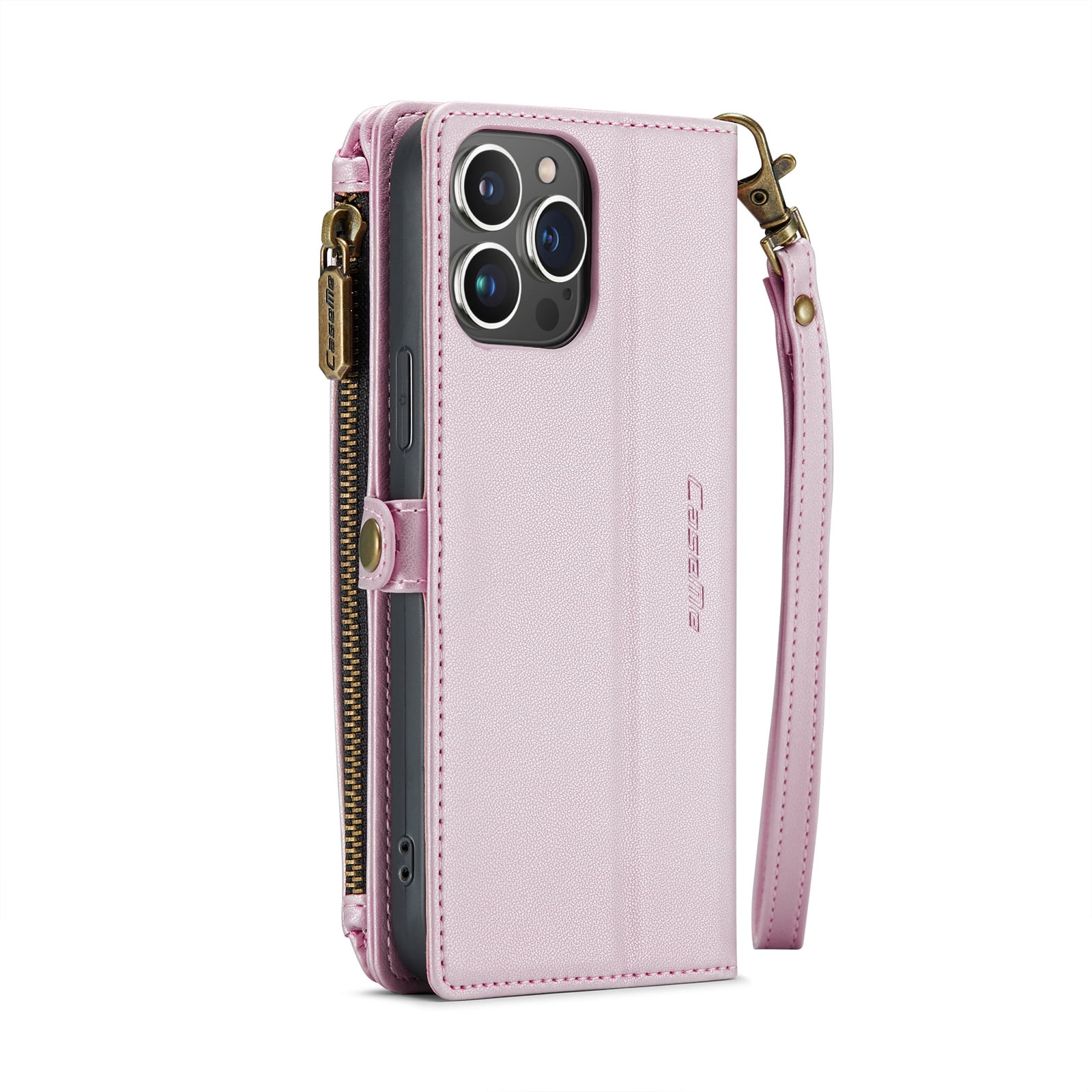 PINSAI Crossbody iPhone 13 Wallet Case with 7-Card Holder Zipper Bills Slot, Soft PU Leather Magnetic Flip Wristlet Shoulder Strap Phone Case Wallet for Women,Rose Gold