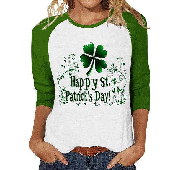 Ohufall 3/4 Sleeve Shirts for Women St Patricks Day Shirt Crewneck T-shirts 2026 Trendy Plus Size Raglan Tops, S-5XL