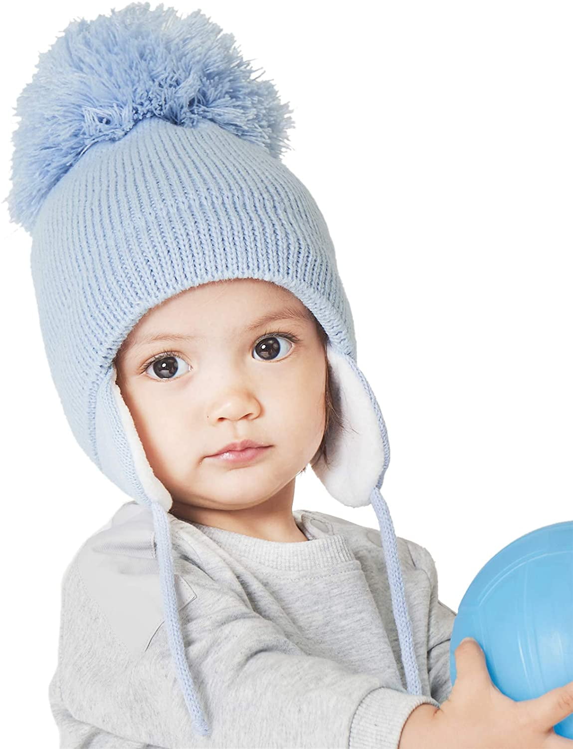 Baby Boys Girls warm winter Ear flaps pom pom Double layered knitted hat 0-12 m 