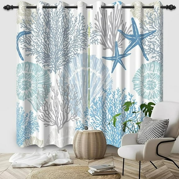Nautical Coastal Blackout Curtains, Blue Coral Starfish Beach Themed Window Curtains Room Darkening Drapes With Grommets 26"W x 45"L (Pack of 2)