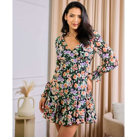 Black Floral Long Sleeve Godet Mini Tea Dress