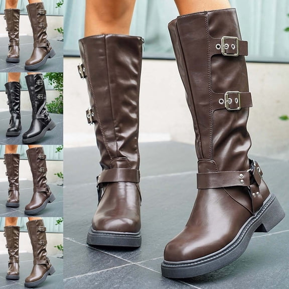Crunowin Women's Solid Metal Buckle Boots Square Toe Thick Heel Fall Winter Comfort Shoes Brown Size 7