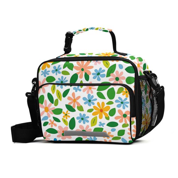 FORMRS Student Lunch Bag Insulated Reusable Cooler Box with Zipper Pockets, Retro Blue Floral