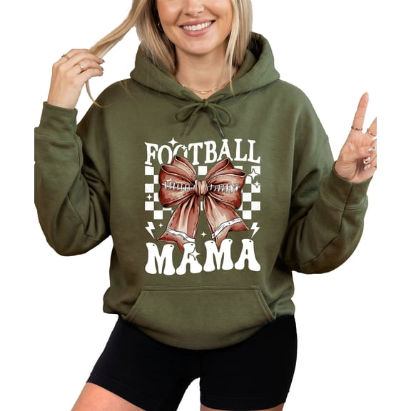Football Mama Hoodie for Women Cute Coquette Bow Game Day Football Mom Pullover Sweatshirt, Army Green Hoodie, M