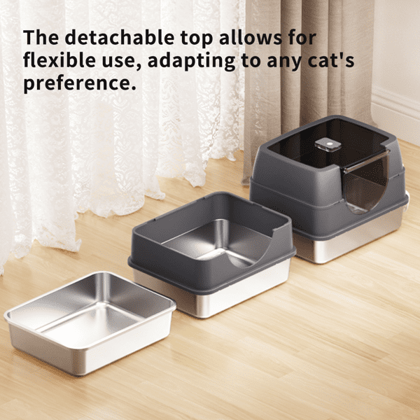 imerelez Enclosed Cat Litter Box with Flip-Top Lid, Stainless Steel Large Covered Litter Box, High Sided Metal Litter Pan with Litter Scoop & Mat, Odor Control, Leak Proof, Easy Cleaning, Grey