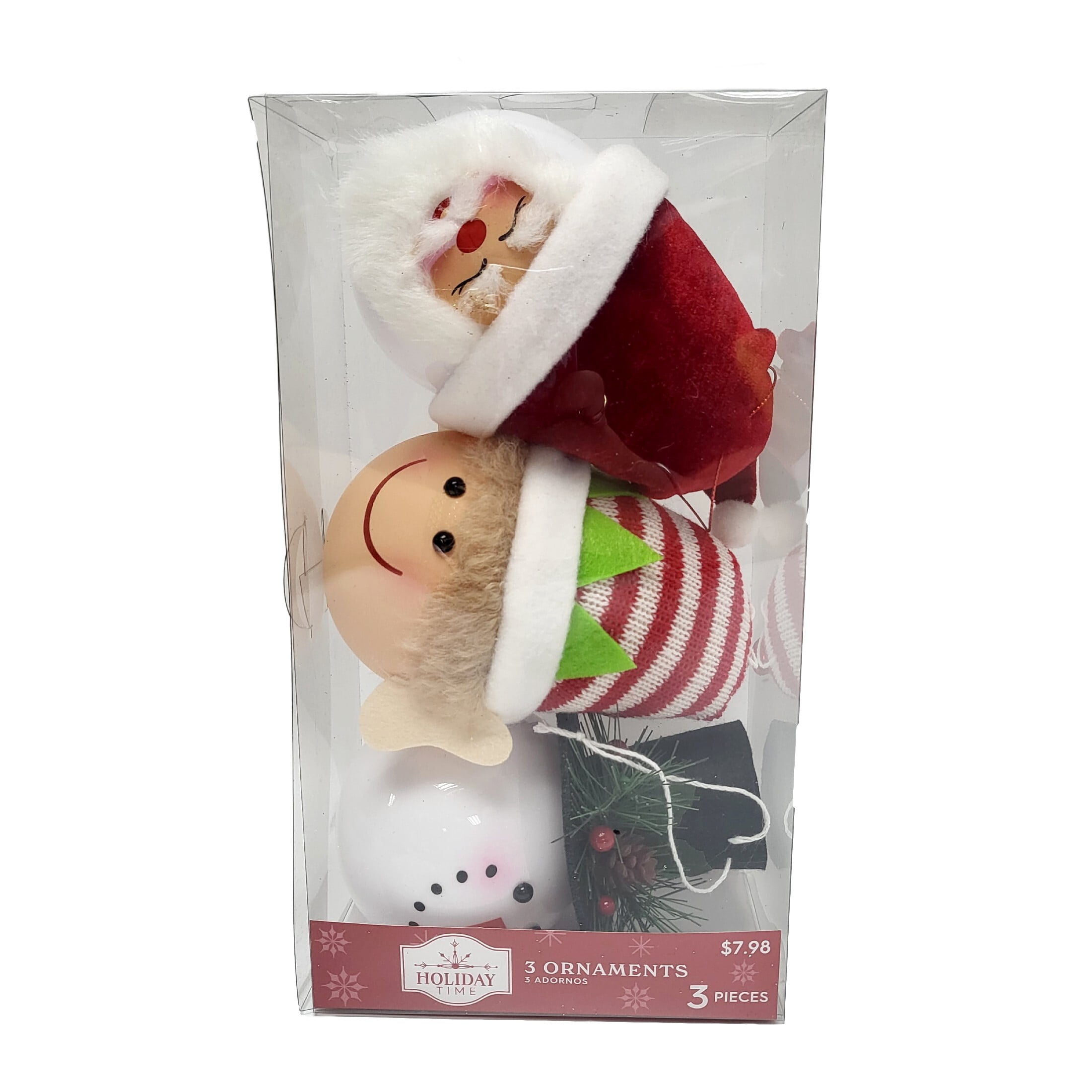Holiday Time Santa, Elf and Snowman Ball Ornament 3 Pack