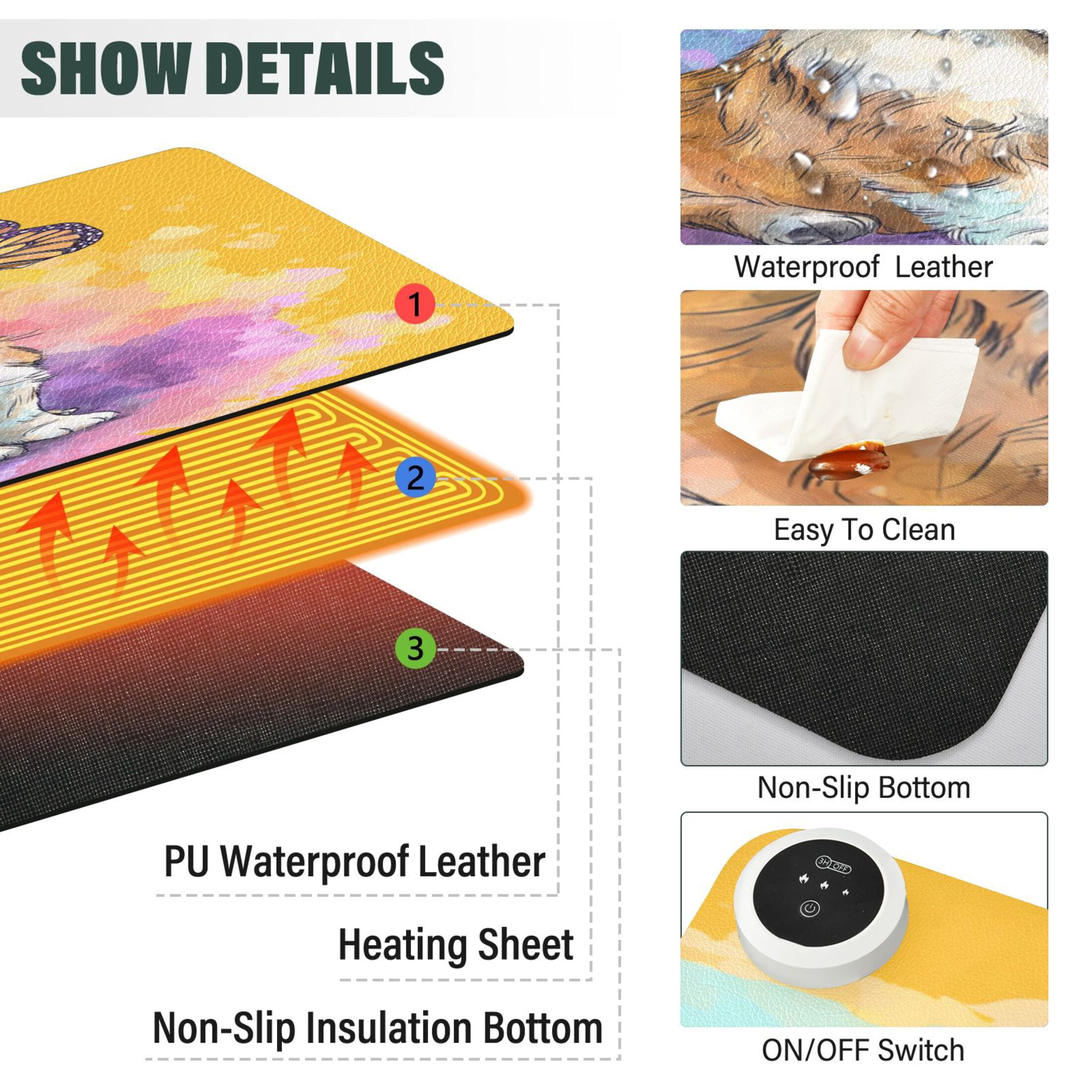 Large Heated Desk Mat Mouse Pad 31.5"x13"PU Leather Graphene Heating Desk Warmer with 3 Temperature Settings 110V US Plug Non-Slip Warm Pad for Home, Office, and Gaming Cartoon Drawing Of A Corgi