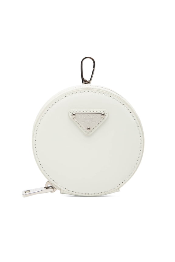 Pre-Owned Prada Triangle Logo Wallet/Coin Case Round Pouch Key Charm White Patent Leather...