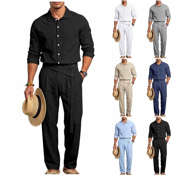 VBTAPA Business Casual Outfits for Men Cotton Linen 2 Piece Set Long Sleeve Button Down Shirts and Pants Set Office Work Suit with Pockets Khaki XL