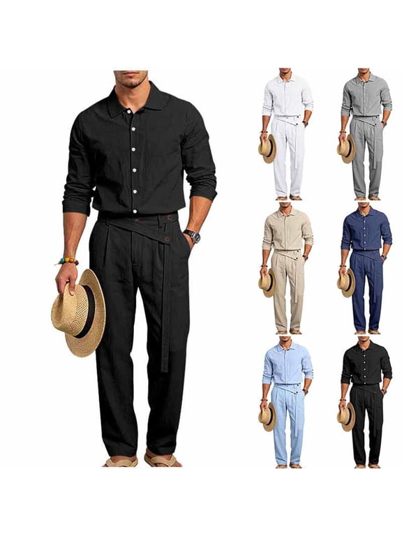 Business Casual Outfits for Men Cotton Linen 2 Piece Set Long Sleeve Button Down Shirts and Pants Set Office Work Suit with Pockets Black L